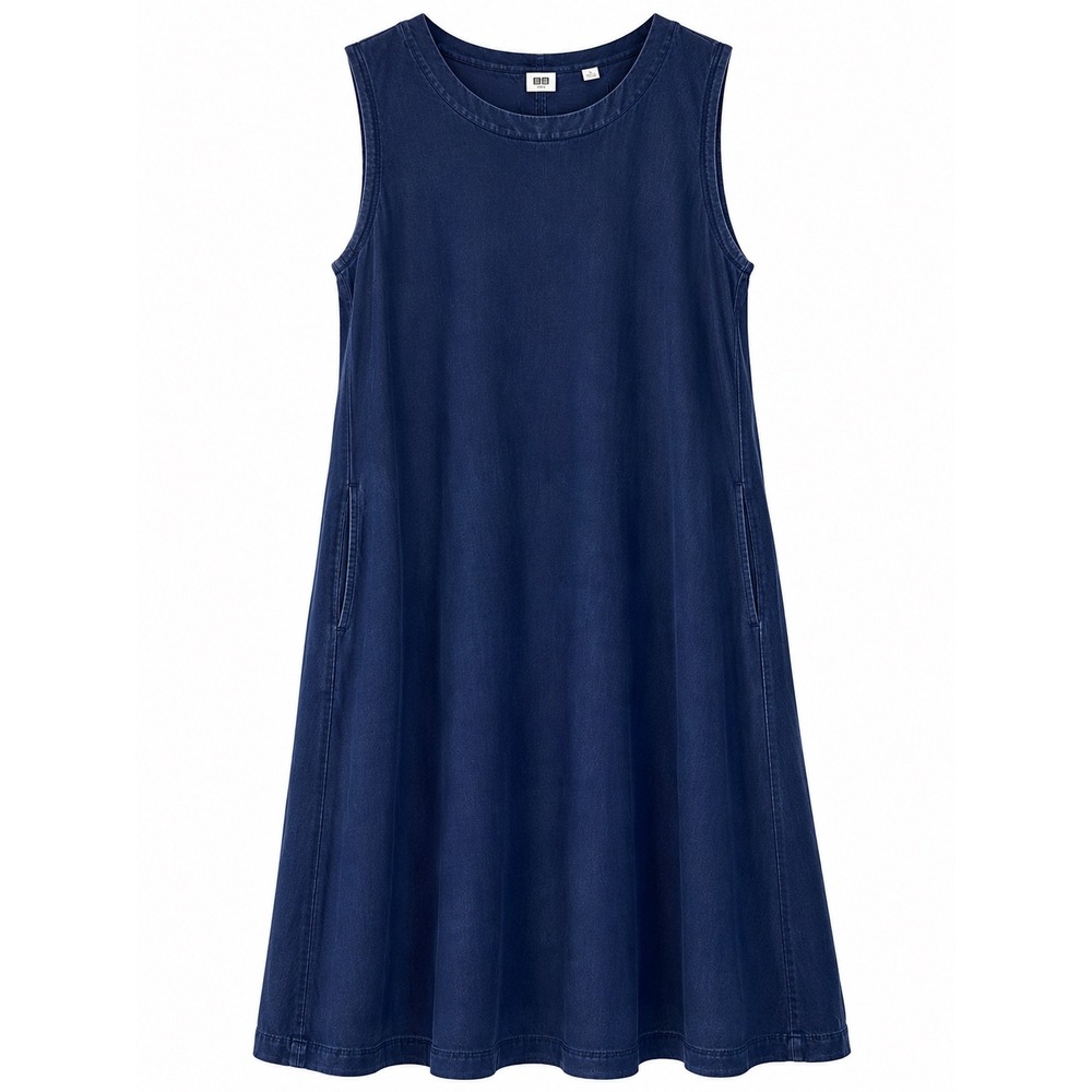 Uniqlo Linen Blend A-Line Midi Dress Blue Sz XS